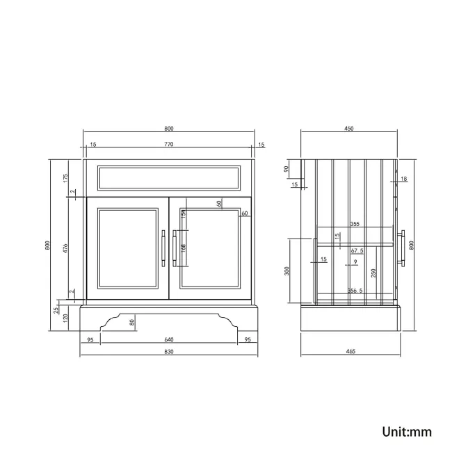 Lucia Graphite Grey Cabinet with Oak Effect Top 840mm (Excludes Counter Top Basin) - Brass Knurled Handles