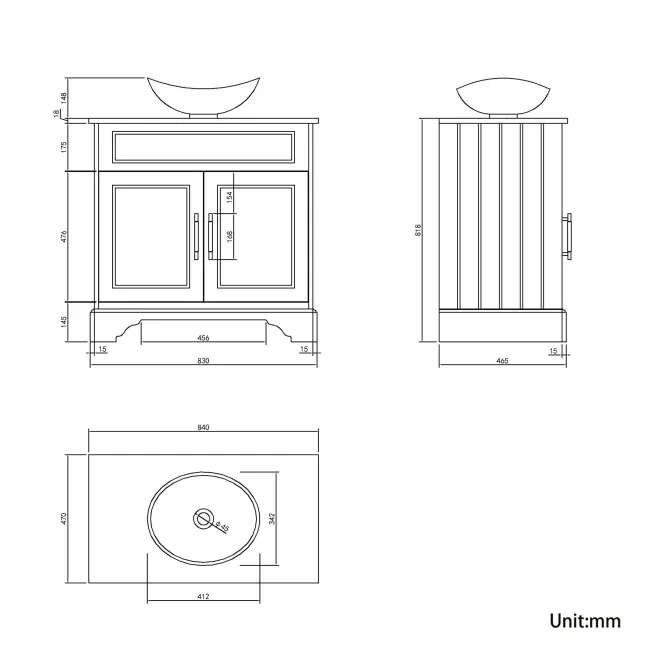 Lucia Graphite Grey Vanity with Oak Effect Top & Oval Counter Top Basin 840mm - Brass Knurled Handles