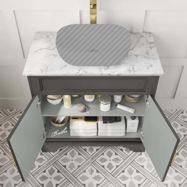 Lucia Graphite Grey Cabinet with Marble Top 840mm (Excludes Counter Top Basin) - Brass Knurled Handles