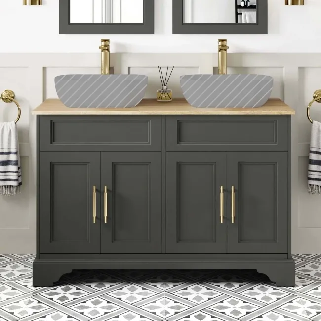 Lucia Graphite Grey Cabinet with Oak Effect Top 1200mm (Excludes Counter Top Basins) - Brass Knurled Handles