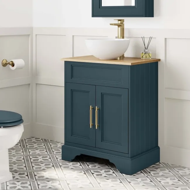 Lucia Inky Blue Vanity with Oak Effect Top & Round Counter Top Basin 640mm - Brass Knurled Handles