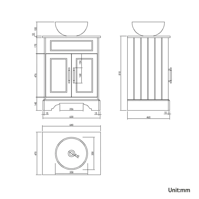 Lucia Inky Blue Vanity with Oak Effect Top & Round Counter Top Basin 640mm - Brass Knurled Handles