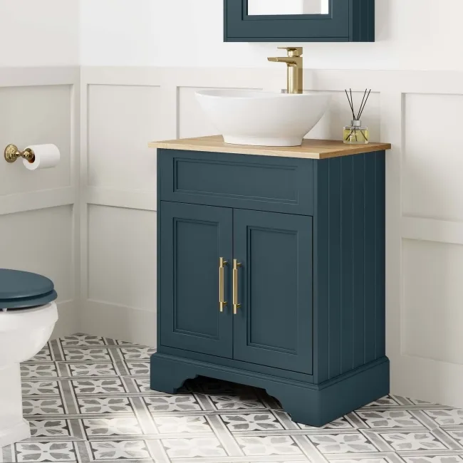 Lucia Inky Blue Vanity with Oak Effect Top & Oval Counter Top Basin 640mm - Brass Knurled Handles