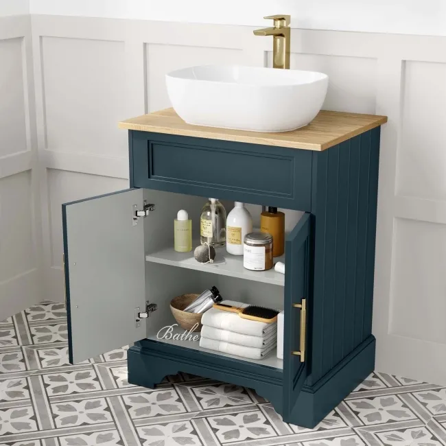 Lucia Inky Blue Vanity with Oak Effect Top & Curved Counter Top Basin 640mm - Brass Knurled Handles