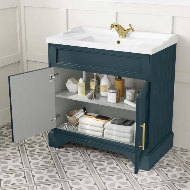 Lucia Inky Blue Basin Vanity 830mm - Brass Knurled Handles