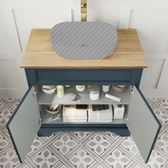Lucia Inky Blue Cabinet with Oak Effect Top 840mm (Excludes Counter Top Basin) - Brass Knurled Handles