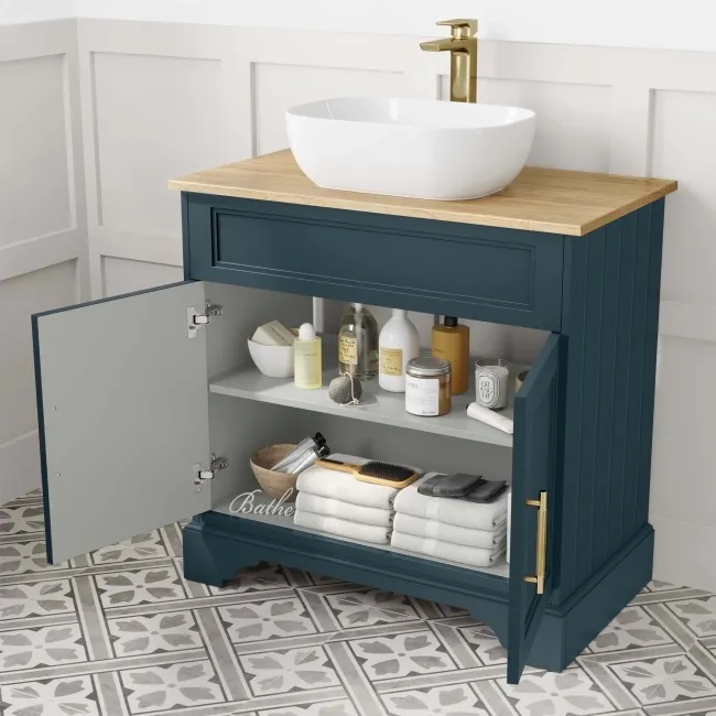 Lucia Inky Blue Vanity with Oak Effect Top & Curved Counter Top Basin 840mm - Brass Knurled Handles