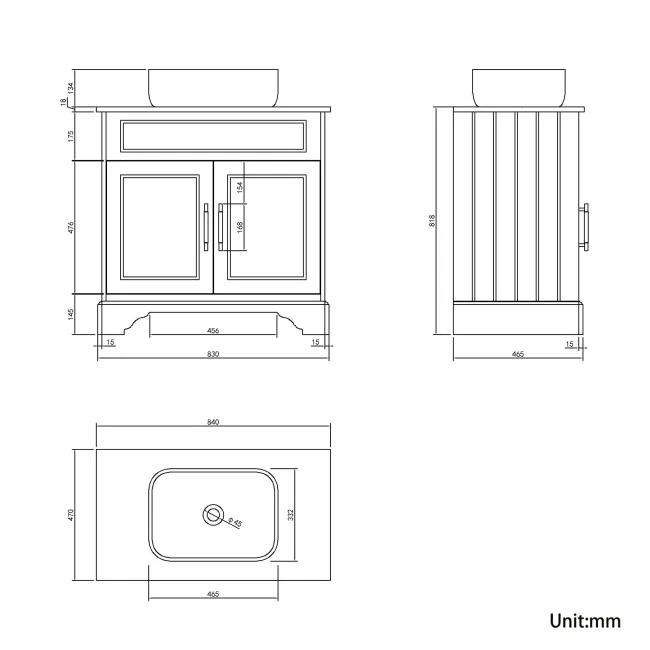 Lucia Inky Blue Vanity with Oak Effect Top & Curved Counter Top Basin 840mm - Brass Knurled Handles