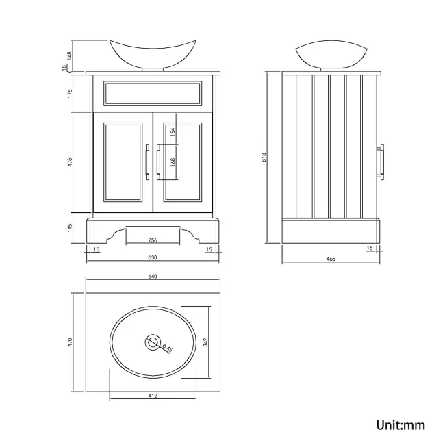 Lucia Midnight Green Vanity with Oak Effect Top & Oval Counter Top Basin 640mm - Brass Knurled Handles