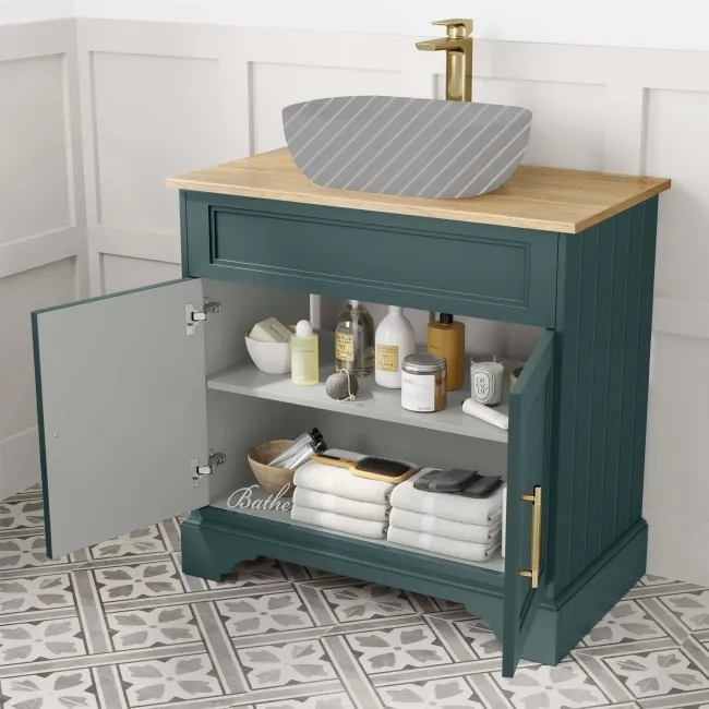 Lucia Midnight Green Cabinet with Oak Effect Top 840mm (Excludes Counter Top Basin) - Brass Knurled Handles