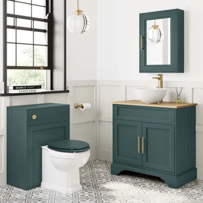 Lucia Midnight Green Vanity with Oak Effect Top & Round Counter Top Basin 840mm - Brass Knurled Handles
