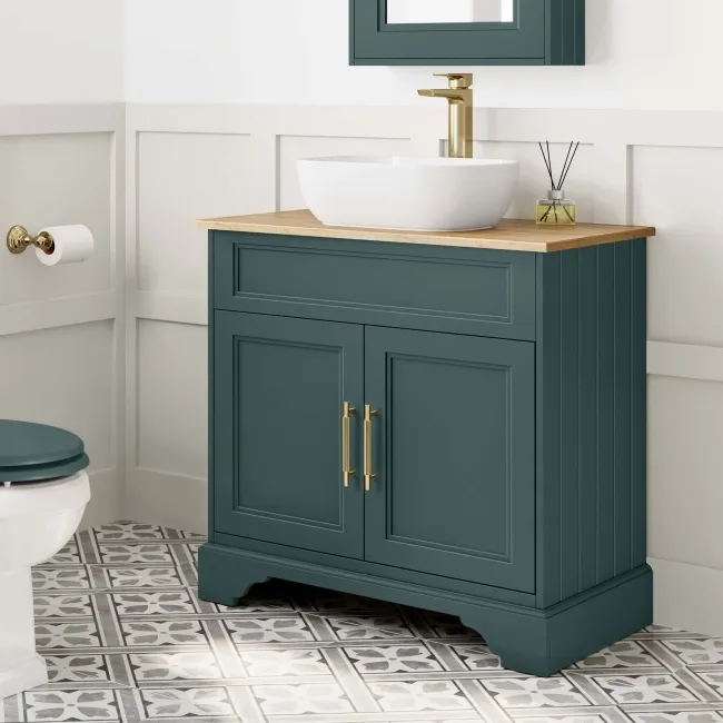 Lucia Midnight Green Vanity with Oak Effect Top & Curved Counter Top Basin 840mm - Brass Knurled Handles