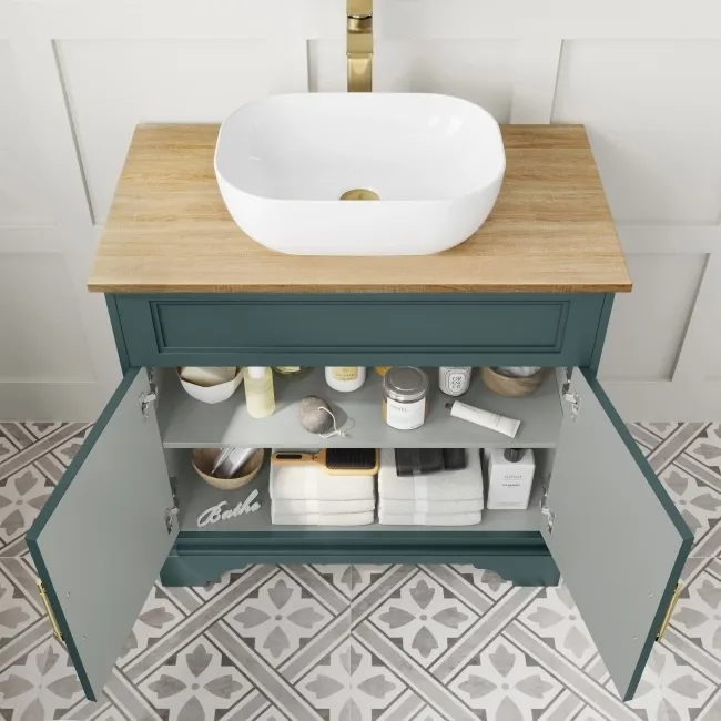 Lucia Midnight Green Vanity with Oak Effect Top & Curved Counter Top Basin 840mm - Brass Knurled Handles