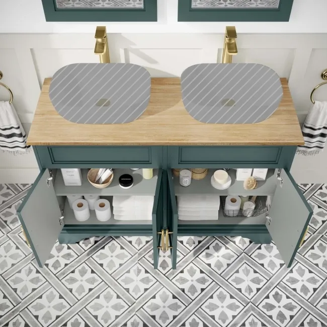 Lucia Midnight Green Cabinet with Oak Effect Top 1200mm (Excludes Counter Top Basins) - Brass Knurled Handles