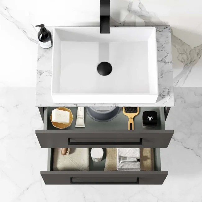 Elba Graphite Grey Wall Hung Drawer Vanity with Marble Top & Cody Basin 600mm - Black Accents