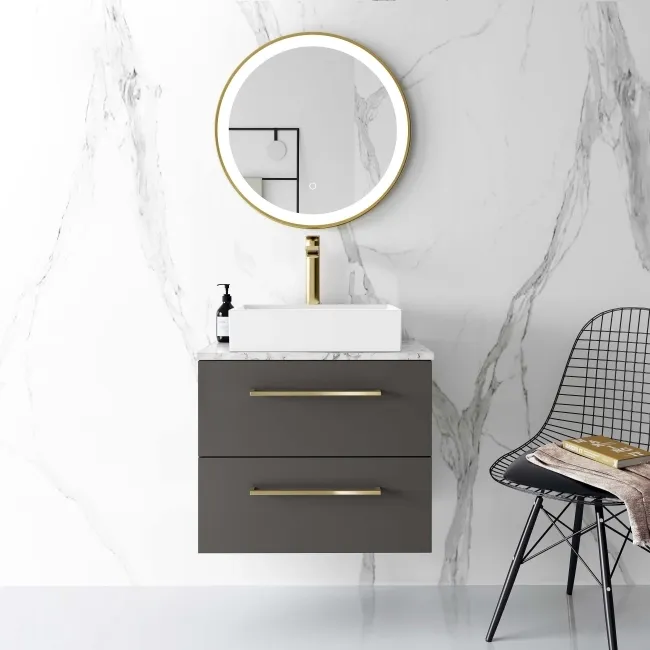 Elba Graphite Grey Wall Hung Drawer Vanity with Marble Top & Cody Basin 600mm - Brushed Brass Accents