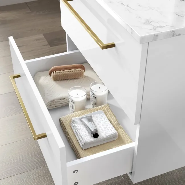 Elba Gloss White Wall Hung Drawer Vanity with Marble Top & Cody Basin 600mm - Brushed Brass Accents