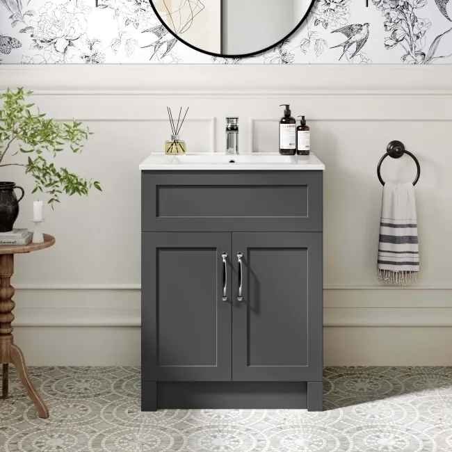 Milos Slate Grey Basin Vanity 600mm - Traditional Handles