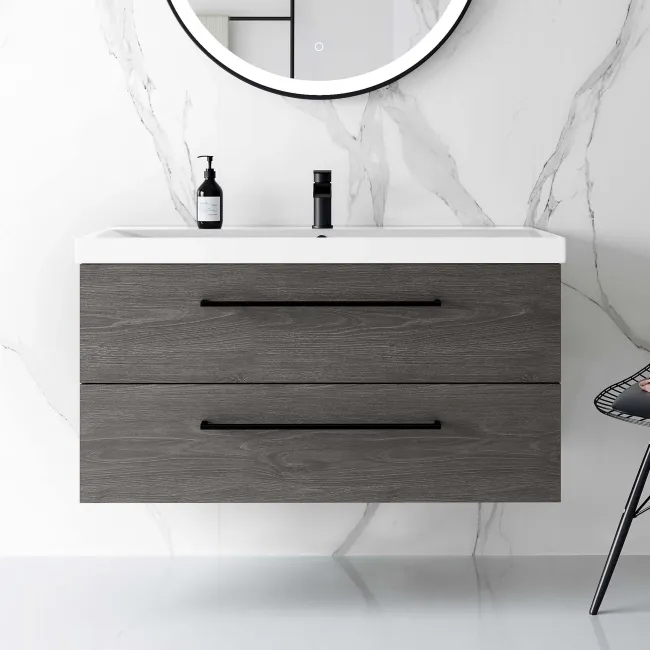 Elba Charcoal Elm Wall Hung Basin Drawer Vanity 1000mm - Black Accents