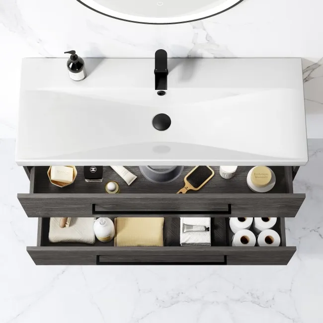 Elba Charcoal Elm Wall Hung Basin Drawer Vanity 1000mm - Black Accents