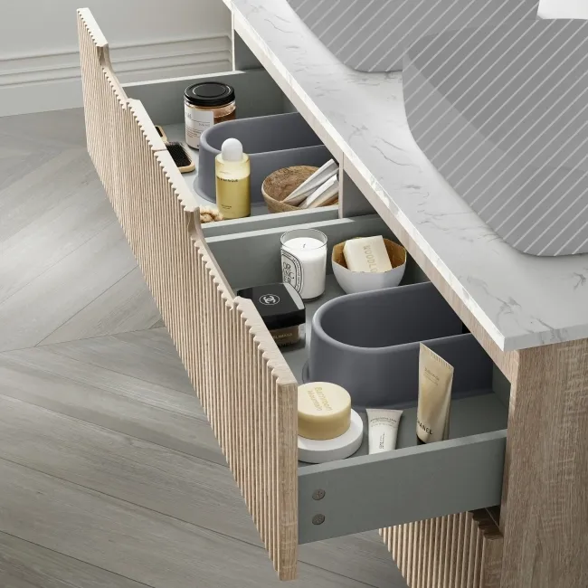 Crete Fluted Apex Oak Double Wall Hung Drawer Vanity with Marble Top 1200mm - Excludes Counter Top Basin