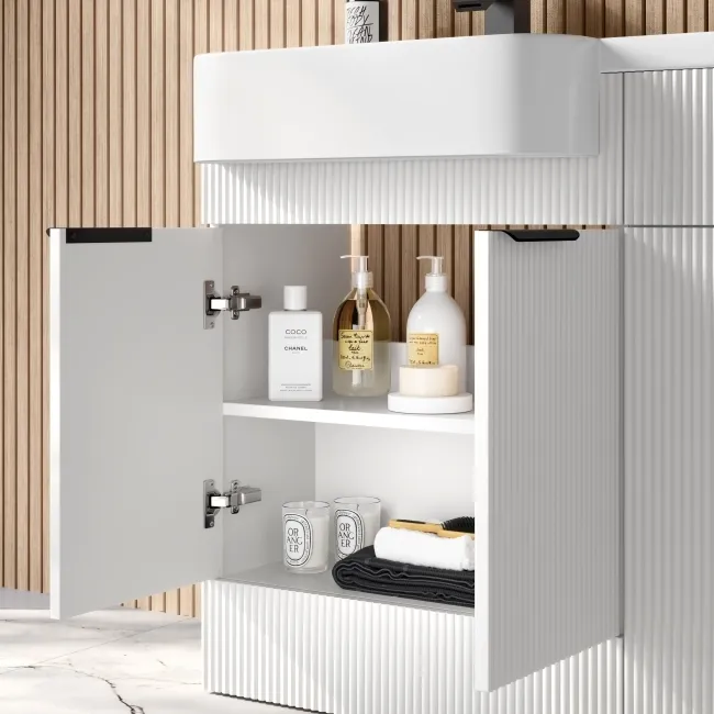 Sicily Fluted Coastal White Basin Vanity and Back To Wall Toilet Unit 1200mm (Excludes Toilet) - Black Accents - Left Handed