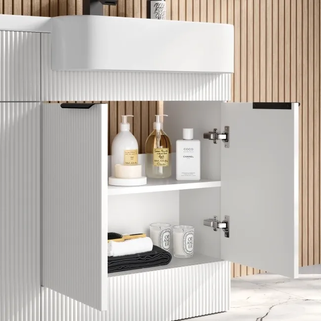 Sicily Fluted Coastal White Basin Vanity and Back To Wall Toilet Unit 1200mm (Excludes Toilet) - Black Accents - Right Handed
