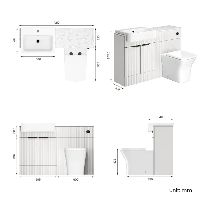 Sicily Fluted Coastal White Combination Vanity Basin with Marble Top & Houston Toilet 1200mm - Black Accents