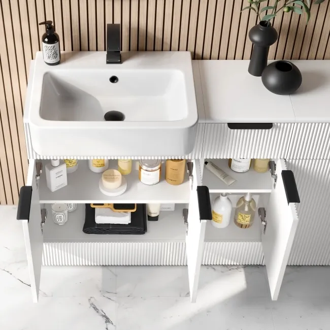 Sicily Fluted Coastal White Combination Vanity Basin and Aruba Toilet 1500mm - Black Accents