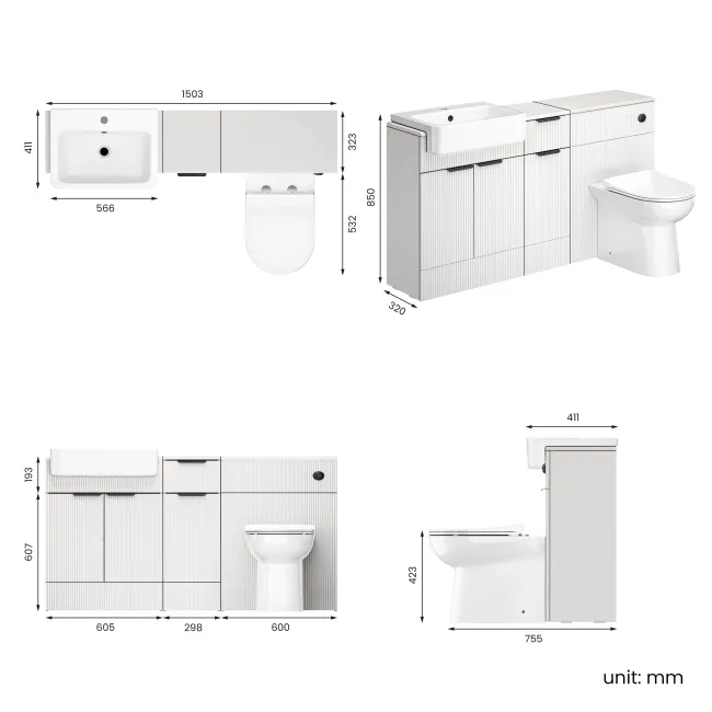 Sicily Fluted Coastal White Combination Vanity Basin and Aruba Toilet 1500mm - Black Accents