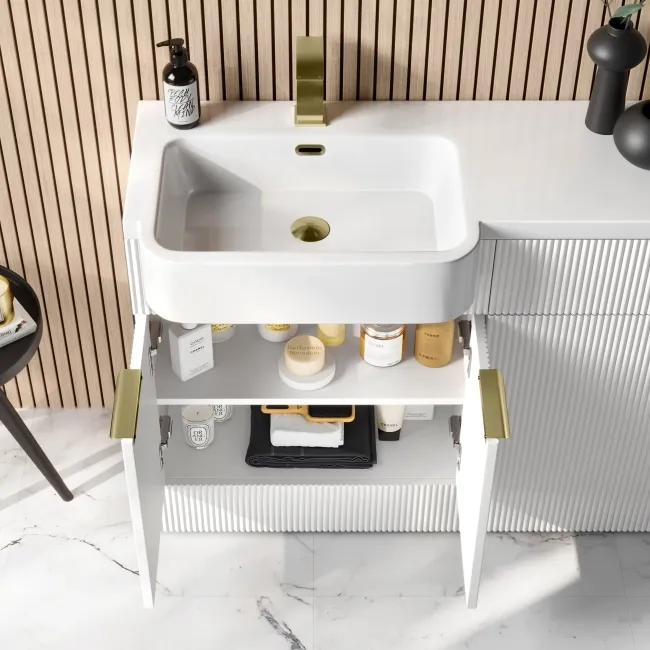 Sicily Fluted Coastal White Basin Vanity and Back To Wall Toilet Unit 1200mm (Excludes Toilet) - Brushed Brass Accents - Left Handed