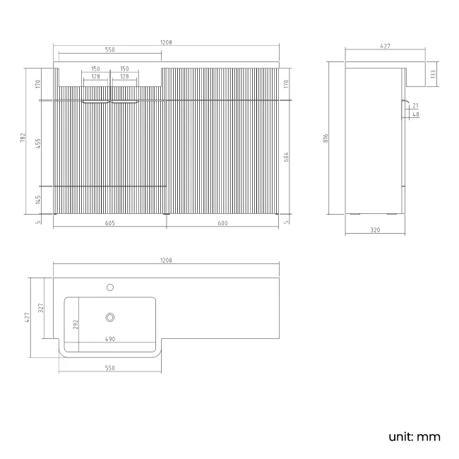 Sicily Fluted Coastal White Basin Vanity and Back To Wall Toilet Unit 1200mm (Excludes Toilet) - Brushed Brass Accents - Left Handed