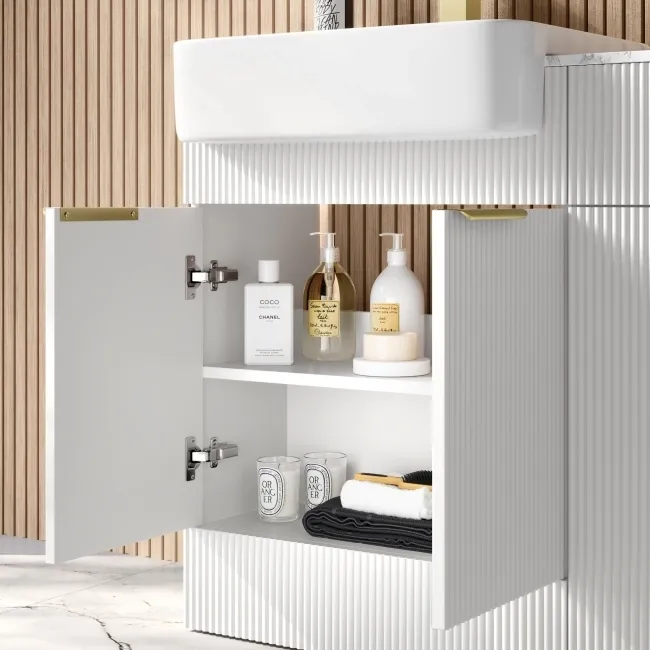 Sicily Fluted Coastal White Basin Vanity with Marble Top & Back To Wall Unit 1200mm (Excludes Toilet) - Brushed Brass Accents