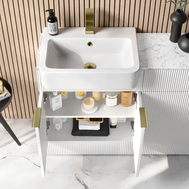 Sicily Fluted Coastal White Basin Vanity with Marble Top & Back To Wall Unit 1200mm (Excludes Toilet) - Brushed Brass Accents