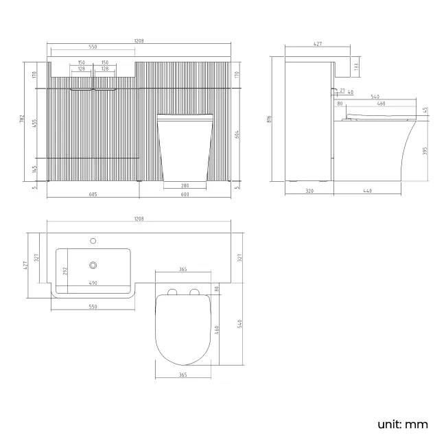 Sicily Fluted Coastal White Combination Vanity Basin and Tucson Toilet 1200mm - Chrome Handles- Left Handed