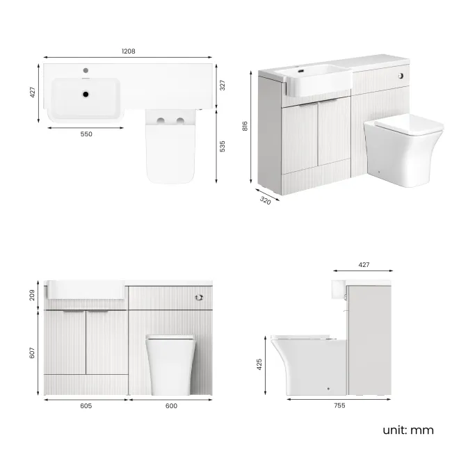Sicily Fluted Coastal White Combination Vanity Basin and Houston Toilet 1200mm - Chrome Handles- Left Handed