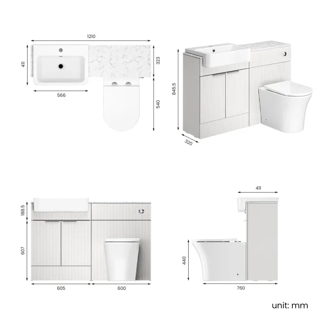 Sicily Fluted Coastal White Combination Vanity Basin with Marble Top & Tucson Toilet 1200mm - Chrome Handles