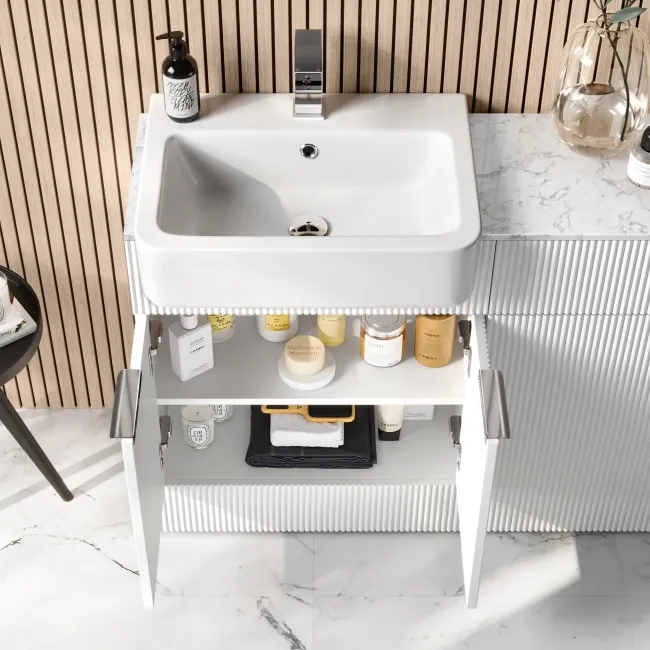 Sicily Fluted Coastal White Combination Vanity Basin with Marble Top & Houston Toilet 1200mm - Chrome Handles