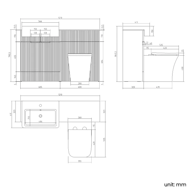 Sicily Fluted Coastal White Combination Vanity Basin with Marble Top & Houston Toilet 1200mm - Chrome Handles