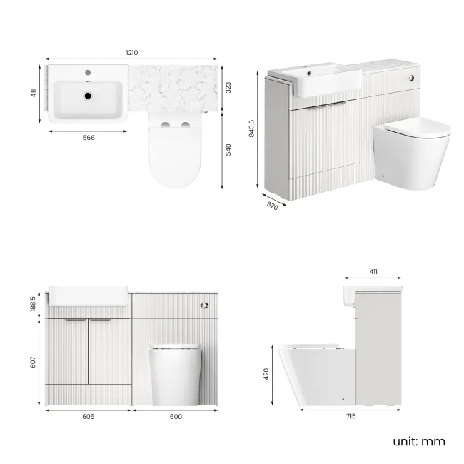 Sicily Fluted Coastal White Combination Vanity Basin with Marble Top & Boston Toilet 1200mm - Chrome Handles
