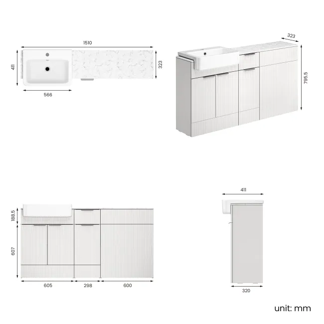 Sicily Fluted Coastal White Combination Vanity Basin with Marble Top 1500mm (Excludes Toilet) - Chrome Handles