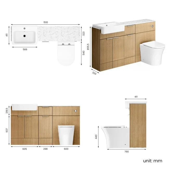 Sicily Fluted Country Oak Combination Vanity Basin with Marble Top & Tucson Toilet 1500mm - Chrome Handles