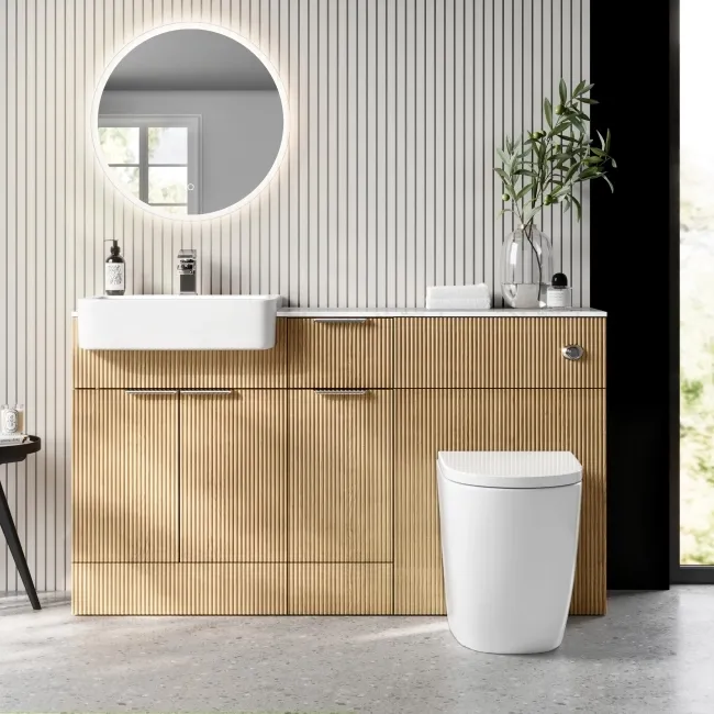 Sicily Fluted Country Oak Combination Vanity Basin with Marble Top & Utah Comfort Height Toilet 1500mm - Chrome Handles
