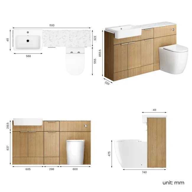 Sicily Fluted Country Oak Combination Vanity Basin with Marble Top & Utah Comfort Height Toilet 1500mm - Chrome Handles