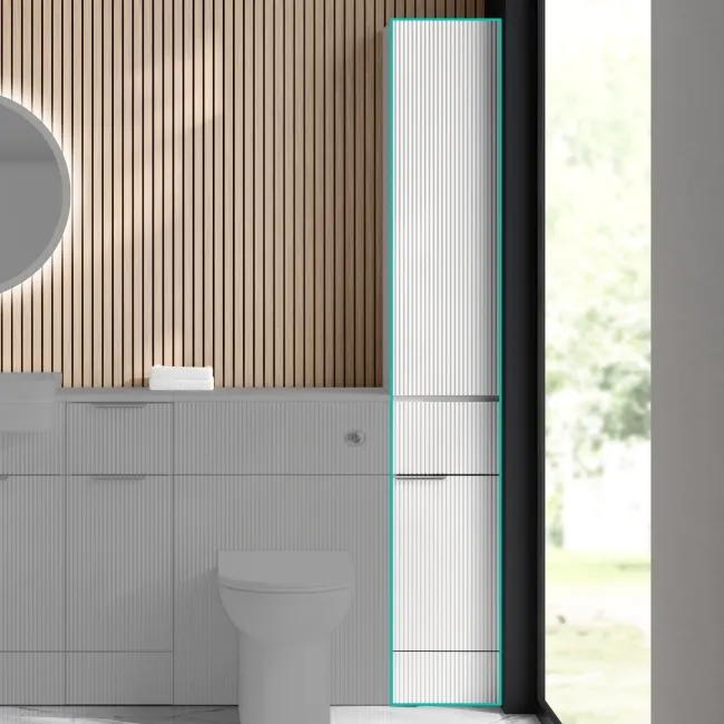 Sicily Fluted Coastal White Floor Standing Tall Cabinet Unit 1900x300mm - Chrome Handles
