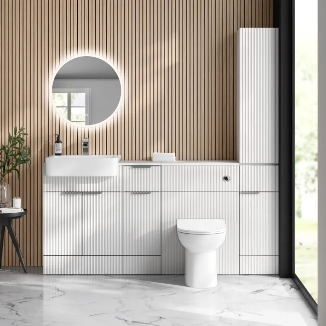 Sicily Fluted Coastal White Floor Standing Tall Cabinet Unit 1900x300mm - Chrome Handles