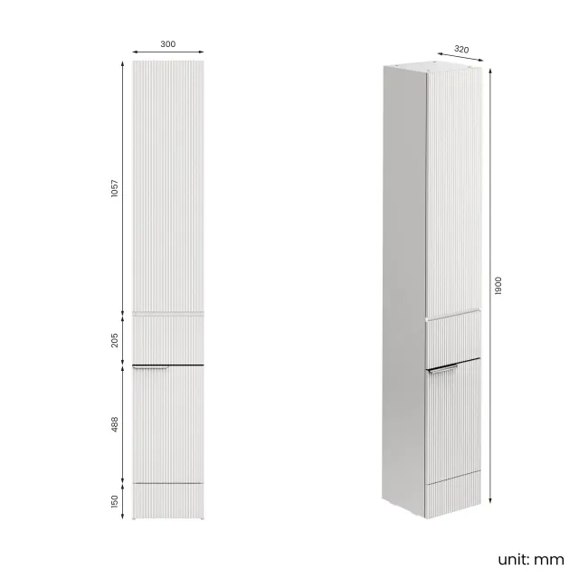 Sicily Fluted Coastal White Floor Standing Tall Cabinet Unit 1900x300mm - Chrome Handles