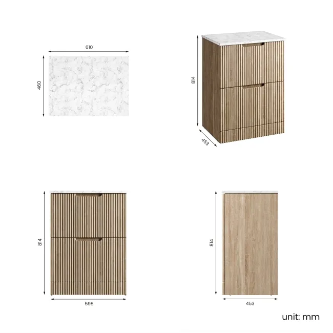 Crete Fluted Apex Oak Vanity Drawer with Marble Top 600mm - Excludes Counter Top Basin