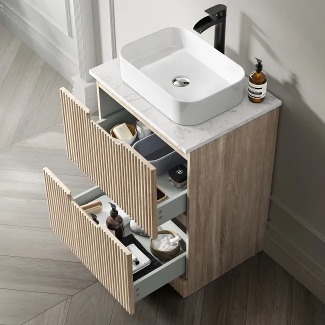 Crete Fluted Apex Oak Vanity Drawer with Marble Top & Marin Basin 600mm