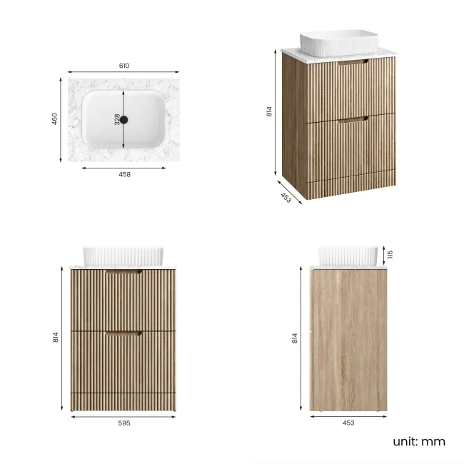 Crete Fluted Apex Oak Vanity Drawer with Marble Top & Reno Basin 600mm